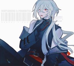 1boy a_date_with_death barcode black_gloves black_pants casper_(a_date_with_death) gloves hair_between_eyes hand_on_own_neck highres long_hair long_sleeves looking_at_viewer male_focus moonplls open_mouth pants red_eyes shirt simple_background sleeveless sleeveless_shirt solo upper_body white_background
