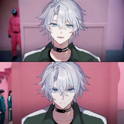 1boy antenna_hair before_and_after black_choker blue_eyes choker frown green_track_suit hashtag-only_commentary highres honkai:_star_rail honkai_(series) lilaclilac00 male_focus meme multiple_views neck_tattoo parted_bangs phainon_(honkai:_star_rail) pink_track_suit smile squid_game sun_symbol sun_tattoo tan tattoo track_suit v-shaped_eyebrows white_hair year_1_&amp;_year_2_(squid_game)_(meme)