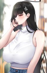 1girl absurdres bare_arms black_hair blue_archive blue_pants blurry blurry_background blush breasts crimecrime denim hair_ornament hairclip halo highres jewelry large_breasts long_hair necklace pants parted_lips red_eyes rio_(blue_archive) shirt sleeveless sleeveless_shirt solo turtleneck turtleneck_shirt upper_body white_shirt