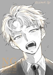 1boy :o blush collared_shirt commentary futsuu_no_keion-bu grey_background head_tilt jacket male_focus necktie official_alternate_costume official_alternate_hairstyle open_mouth partially_colored portrait shirt short_hair solo sweat takami_kouki teeth twitter_username uzimusi_fgo watermark