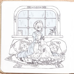Rule 34 | 1girl, closed eyes, closed mouth, commentary request, flower pot, goshi-san, highres, maid, original, photo (medium), pillow, short hair, smile, solo, spot color, traditional media, u u, window