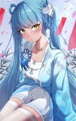 1girl absurdres blue_hair blue_jacket blush breasts floral_print flower flower_ornament goddess_of_victory:_nikke hair_flower hair_ornament hair_rings highres jacket jewelry large_breasts long_hair long_sleeves looking_at_viewer necklace privaty_(nikke) shirt short_shorts shorts shupita sitting solo thighhighs twintails white_shirt white_shorts white_thighhighs yellow_eyes