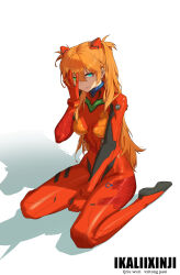 1girl absurdres blue_eyes bodysuit breasts clenched_teeth disgust full_body green_eyes hair_between_eyes hair_ornament heterochromia highres interface_headset_(evangelion) long_hair looking_at_viewer mecha_pilot_suit medium_breasts narrow_waist neon_genesis_evangelion orange_hair plugsuit_(evangelion) rebuild_of_evangelion red_bodysuit shaded_face shiny_clothes sitting skin_tight solo souryuu_asuka_langley teeth thighs tsundere two_side_up wide_hips