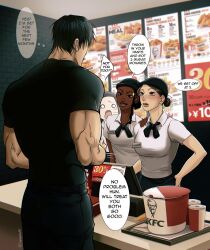 1boy 3girls black_hair black_pants black_shirt blush bucket_of_chicken dark-skinned_female dark_skin english_text fushiguro_touji highres jujutsu_kaisen kfc looking_at_another meme meme_request multiple_girls muscular muscular_male pants shirt short_hair speech_bubble thought_bubble white_shirt yuana