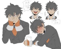 Rule 34 | 1boy, ^ ^, ai the somnium files, ai the somnium files: nirvana initiative, beer mug, blush, closed eyes, collared shirt, commentary, cup, drunk, flat color, full-face blush, grey eyes, grey hair, grey jacket, grey necktie, hair between eyes, heterochromia, highres, holding, holding cup, jacket, long sleeves, male focus, mug, multiple views, necktie, nervous sweating, nri (nrrr anri), red eyes, ryuki kuruto, shirt, short hair, simple background, speech bubble, sweat, symbol-only commentary, teeth, upper teeth only, white background, white sleeve cuffs, wide-eyed