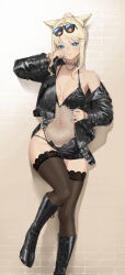 (ff14) 1girl absurdres against_wall animal_ears black_boots black_jacket black_leotard black_thighhighs blonde_hair blue_eyes blue_nails blush boots breasts brick_wall cat_ears choker cleavage closed_mouth collarbone commission eyewear_on_head final_fantasy final_fantasy_xiv fishnet_leotard fishnets gyaru highres jacket jewelry knee_boots lace-up_boots leather leather_jacket leg_up leotard light long_hair long_sleeves looking_at_viewer medium_breasts miqo&#039;te nail_polish navel navel_piercing necklace off_shoulder open_clothes open_jacket piercing pixel_(yuxian) pixiv_commission ponytail rokku_gyaru sidelocks single_bare_shoulder smile solo standing standing_on_one_leg sunglasses sunglasses_on_head thighhighs warrior