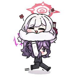 2girls black_pants black_vest blue_archive blush_stickers carrying carrying_person closed_eyes fur_shawl halo haruka_(blue_archive) haruka_(suit)_(blue_archive) highres long_hair long_sleeves minehost multiple_girls mutsuki_(blue_archive) mutsuki_(dress)_(blue_archive) open_mouth pants purple_eyes purple_hair purple_halo red_halo running shawl simple_background smile vest white_background white_hair