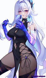 Rule 34 | 1girl, alternate costume, black bodystocking, black dress, blush, breasts, cellphone, commentary, dress, genshin impact, highres, holding, holding phone, knee up, large breasts, long hair, pelvic curtain, phone, playing with own hair, purple eyes, purple hands, simple background, skirk (genshin impact), smartphone, solo, taking picture, tomatolaccoon, very long hair, white background