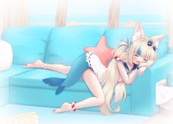 Rule 34 | 1girl, absurdres, animal ear fluff, animal ears, barefoot, blonde hair, blush, closed eyes, couch, dress, feet, fins, fish tail, head rest, highres, indie virtual youtuber, indoors, legs, long hair, lying, multicolored hair, noireko (wuay5788), on stomach, open mouth, pillow, sameko saba, short dress, sleeping, sleeveless, sleeveless dress, soles, solo, streaked hair, tail, thighs, toes, twintails, virtual youtuber, white dress, window