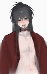1boy androgynous bandaged_neck bandages bishounen black_eyes black_hair blood blood_from_mouth blood_on_neck bloody_bandages blush chinese_clothes chinese_commentary coat collarbone dao_gui_yi_xian eyes_visible_through_hair hair_between_eyes hair_bun hanfu highres injury li_huowang long_hair looking_at_viewer mahjong mahjong_tile male_focus mouth_hold naked_coat navel open_clothes open_coat open_mouth partially_undressed pectorals red_coat robe shigelaogutoukongle simple_background single_hair_bun solo tongue tongue_hold tongue_out upper_body white_background