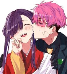1boy 1girl blush chinese_clothes closed_eyes couple earrings gauma gloves gridman_universe gridman_universe_(film) hair_between_eyes hair_bun hair_over_one_eye hetero jacket jewelry kiss kissing_cheek long_hair long_sleeves necktie open_mouth princess_(dynazenon) red_hair risyo scar scar_on_face shirt short_hair smile sunglasses upper_body zooming_in