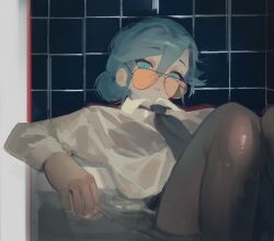 1girl absurdres bathtub black_bra black_pantyhose blue_eyes blue_hair bra cigarette commentary dress_shirt english_commentary formal_clothes hair_bun highres holding holding_cigarette long_sleeves looking_over_eyewear naomi_kennedy necktie open_mouth orange-tinted_eyewear pantyhose partially_submerged polilla see-through_clothes see-through_shirt shirt solo sunglasses teeth tile_wall tiles tinted_eyewear underwear water we_love_cold_war wet wet_clothes wet_pantyhose wet_shirt white_shirt