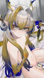 1girl absurdres anger_vein angry arknights artist_name blonde_hair breasts chinese_commentary closed_mouth commentary commentary_request completely_nude covering_breasts covering_privates cum cum_on_body cum_on_legs cum_on_stomach dragon_bubble_(arknights) dragon_girl dragon_horns dragon_tail earrings english_commentary eyeliner facial glaring grey_eyes hair_between_eyes hair_intakes highres horns indoors jewelry long_hair looking_at_viewer makeup mixed-language_commentary multicolored_hair navel nude orange_eyeliner pointy_ears purple_hair pussy quintesia_lq shaded_face shu_(arknights) sitting small_breasts solo sword tail uncensored variant_set weapon