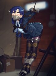 1girl absurdres arms_behind_back basement bdsm blue_hair blush bondage bound breasts cad_(caddo) choker crotch_rope forced_orgasm full_body gag highres hitachi_magic_wand idolmaster improvised_gag indoors jacket kisaragi_chihaya leaning_forward legs_tied_together long_hair long_sleeves necktie open_clothes open_jacket pleated_skirt pussy_juice remote_control_vibrator rolling_eyes second-party_source sex_toy skirt small_breasts tape tape_gag taped_hands tearing_up vibrator yellow_eyes