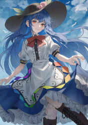 1girl absurdres black_hat blue_hair blue_skirt blue_sky blush boots bow cloud cloudy_sky food food-themed_hair_ornament fruit fruit_hat_ornament hair_ornament hat hat_ornament highres hinanawi_tenshi lace-up_boots leaf_hat_ornament long_hair looking_at_viewer peach peach_hair_ornament rainbow_gradient red_eyes shirt short_sleeves skirt skirt_hold sky smile solo touhou wanko_sora white_shirt
