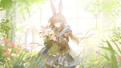 1girl absurdres amiya_(arknights) animal_ear_fluff animal_ears arknights black_jacket blue_eyes bouquet brown_hair closed_mouth flower green_shirt grey_skirt hair_between_eyes highres holding holding_bouquet jacket long_hair looking_at_viewer luozhou_pile purple_flower rabbit_ears rabbit_girl red_flower shirt sidelocks skirt smile solo white_flower
