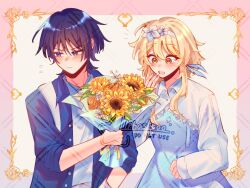 1boy 1girl alphastroo alternate_costume arm_at_side averting_eyes blonde_hair blue_dress blue_eyes blue_feathers blue_flower blue_nails blue_shirt blue_sleeves blunt_ends blush border bouquet brown_flower casual clenched_hand closed_mouth collared_shirt commission contemporary dress embarrassed eyeliner eyeshadow feather_hair_ornament feathers flower furrowed_brow genshin_impact hair_flower hair_ornament hairband hand_in_pocket hand_up heart hetero highres holding holding_bouquet layered_shirt long_sleeves looking_at_object looking_to_the_side lumine_(genshin_impact) makeup multicolored_flower notice_lines open_clothes open_mouth open_shirt ornate_border pink_border purple_flower purple_hair red_eyeliner red_eyeshadow rose scaramouche_(genshin_impact) shirt short_hair short_hair_with_long_locks shrug_(clothing) sidelocks sleeves_rolled_up sunflower teeth three-quarter_sleeves tsurime upper_teeth_only watermark watermark_grid white_flower white_hairband white_shirt white_shrug white_sleeves white_undershirt wide-eyed yellow_eyes yellow_flower