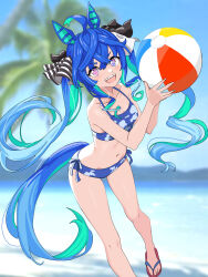 1girl :d @_@ ahoge animal_ears aqua_hair ball beach beachball bikini blue_bikini blue_eyes blue_hair blurry blurry_background blush bow commentary_request crossed_bangs flip-flops foot_out_of_frame hair_between_eyes hair_bow hands_up heterochromia highres holding holding_ball horse_ears horse_girl horse_tail long_hair looking_at_viewer multicolored_hair navel open_mouth outdoors purple_eyes sandals sharp_teeth sidelocks smile solo striped_bow swimsuit tail teeth twin_turbo_(umamusume) twintails two-tone_hair umamusume upper_teeth_only v-shaped_eyebrows very_long_hair zenbrush2