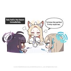 3girls :d :i ahoge animal_ear_fluff animal_ears asuna_(blue_archive) bird black_hair blonde_hair blue_archive blue_eyes blue_halo blush chibi chibi_only closed_mouth commentary copyright_notice cup dark-skinned_female dark_skin donmin_h dress english_commentary english_text fox_ears fox_girl halo holding holding_cup karin_(blue_archive) long-tailed_tit long_hair long_sleeves multiple_girls official_art open_mouth purple_halo second-party_source seia_(blue_archive) simple_background sleeves_past_fingers sleeves_past_wrists smile speech_bubble teacup teapot tit_(bird) v-shaped_eyebrows white_background white_dress yellow_halo