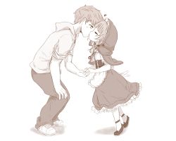 Rule 34 | 1boy, 1girl, baigao, capelet, chinese commentary, closed eyes, commentary request, frilled skirt, frills, full body, gran (granblue fantasy), granblue fantasy, greyscale, heart, height difference, hetero, holding hands, hood, hood up, hooded capelet, kiss, mixed-language commentary, monochrome, partial commentary, renie, simple background, skirt, squatting, teenage boy and younger girl, tiptoes, white background