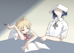 2girls ahoge arms_on_table black_ribbon blonde_hair blue_hair bocchi_the_rock! book bow bowtie closed_eyes collared_shirt commentary_request crossed_arms hair_ornament hairclip hand_up head_back highres holding holding_pen ijichi_nijika knightym22 long_hair multiple_girls neck_ribbon open_book open_mouth parted_bangs pen polka_dot polka_dot_bow polka_dot_bowtie raised_inner_eyebrows red_bow red_bowtie ribbon school_uniform shimokitazawa_high_school_uniform shirt short_hair short_sleeves sweatdrop table white_shirt wing_collar yamada_ryo