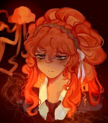 Rule 34 | 1girl, absurdres, alternate hairstyle, animanima, bow, brown background, brown hairband, collared shirt, freckles, hair bow, hairband, half updo, highres, ishmael (project moon), jellyfish, limbus company, long hair, looking at viewer, necktie, orange eyes, orange hair, project moon, red necktie, shirt, simple background, solo, upper body, very long hair, white bow, white shirt