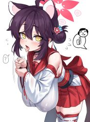 1girl ? ahoge animal_ears blondy_(ldlong) blue_archive blush breasts detached_sleeves doodle_sensei_(blue_archive) fang flower flying_sweatdrops hair_between_eyes hair_bun hair_flower hair_ornament halo handjob_gesture hanging_breasts highres huge_breasts japanese_clothes kaede_(blue_archive) kimono leaning_forward long_sleeves looking_at_viewer miniskirt motion_lines open_mouth oppai_loli pleated_skirt purple_hair raccoon_ears raccoon_girl red_halo red_sailor_collar red_skirt ribbon-trimmed_sleeves ribbon-trimmed_thighhighs ribbon_trim sailor_collar sensei_(blue_archive) short_hair simple_background single_side_bun skin_fang skirt sleeveless sleeveless_kimono solo spoken_question_mark spoken_thumbs_up thighhighs thumbs_up tongue tongue_out white_background white_kimono white_thighhighs yellow_eyes zettai_ryouiki