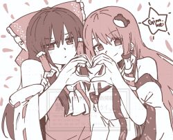 2girls :/ ascot bare_shoulders blush_stickers bow breasts collared_shirt detached_sleeves dot_nose frilled_hair_tubes frills frog_hair_ornament ginnkei hair_bow hair_intakes hair_ornament hair_tubes hakurei_reimu heart heart_hands jitome kochiya_sanae large_breasts long_hair long_sleeves monochrome multiple_girls patterned_clothing ribbon-trimmed_sleeves ribbon_trim shirt sidelocks signature simple_background single_hair_tube single_sidelock skirt skirt_set sleeveless sleeveless_shirt snake_hair_ornament touhou upper_body watermark white_background wide_sleeves