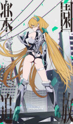 1girl absurdres angela_balzac ass bare_shoulders blonde_hair breasts deva_battle_suit earrings elbow_gloves facing_away full_body gloves gugugu_official hair_between_eyes hand_on_own_hip highleg highleg_leotard highres impossible_clothes impossible_leotard jewelry leotard long_hair low_twintails mecha_pilot_suit medium_breasts power_lines rakuen_tsuihou solo thigh_strap twintails very_long_hair white_leotard