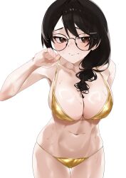 1girl aegyo_sal arm_behind_back arril100 bikini black_hair blush braid breasts brown_eyes closed_mouth commentary cowboy_shot english_commentary glasses gold_bikini hanekawa_tsubasa highres large_breasts long_hair monogatari_(series) navel simple_background solo stomach sweat swimsuit thighs white_background