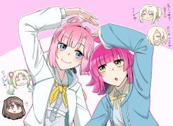 Rule 34 | 6+girls, :&gt;, :3, :o, ahoge, anyoji hime, aqua hair, black ribbon, blonde hair, blue dress, blue eyes, blue jacket, blue shirt, blunt bangs, blunt ends, blush, braid, brown hair, check commentary, chibi, chibi inset, closed eyes, closed mouth, collared shirt, color connection, commentary request, dress, dress shirt, flower, fujishima megumi, gradient hair, hair flower, hair intakes, hair ornament, hair over one eye, hair ribbon, half up half down braid, hasu no sora school uniform, heart arms, heart arms duo, highres, hood, hooded jacket, in-franchise crossover, jacket, kanji connection, link! like! love live!, long hair, long sleeves, looking at another, love live!, love live! nijigasaki high school idol club, medium hair, mia taylor, miyashita ai, multicolored hair, multiple girls, name connection, neck ribbon, neckerchief, nijigasaki school uniform, one eye covered, open clothes, open jacket, open mouth, osawa rurino, outfit connection, outline, parted bangs, pink background, pink flower, pink hair, ponytail, purple eyes, ribbon, sailor collar, sailor dress, sanpaku, school uniform, shirt, short hair, short ponytail, short sleeves, sidelocks, sleeves past wrists, smile, summer uniform, swept bangs, tennoji rina, tetetsu, trait connection, translation request, twintails, two-tone background, two side up, u u, upper body, virtual youtuber, white background, white flower, white jacket, white outline, white sailor collar, yellow eyes, yellow neckerchief, yellow ribbon