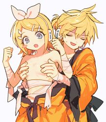 Rule 34 | 1boy, 1girl, arm wrap, blonde hair, blue eyes, blush stickers, bow, chest sarashi, covering another&#039;s breasts, hair bow, headphones, japanese clothes, jihecchi, kagamine len, kagamine rin, kimono, long sleeves, multicolored hair, open mouth, orange kimono, ponytail, sarashi, short hair, short ponytail, simple background, streaked hair, undone sarashi, upper body, vocaloid, wardrobe malfunction, white background, white bow, wide sleeves, yellow eyes