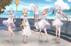 4girls ahoge animal_ear_fluff animal_ears arm_behind_head black_bow black_bowtie black_hair blonde_hair blue_hair blue_sky bottle bow bowtie camera closed_mouth cloud collared_dress crossed_bangs day double-parted_bangs dress elf flower food fox_ears fox_girl fox_tail full_body gradient_hair green_eyes grey_eyes grey_hair hair_between_eyes hand_up heart heart_ahoge high-waist_dress highres holding holding_bottle holding_flower holding_food holding_popsicle hololive holonatsu_paradise horizon kanda_done lion_ears lion_tail long_dress long_hair looking_at_viewer momosuzu_nene momosuzu_nene_(holonatsu_paradise) multicolored_hair multiple_girls nepolabo ocean off-shoulder_dress off_shoulder official_alternate_costume official_alternate_hairstyle official_art omaru_polka omaru_polka_(holonatsu_paradise) one_eye_closed open_mouth outdoors outstretched_arm pink_hair pointy_ears ponytail popsicle ramune shishiro_botan shishiro_botan_(holonatsu_paradise) short_dress short_hair short_sleeves sidelocks sky sleeveless sleeveless_dress smile standing streaked_hair sundress sunflower tail very_long_hair virtual_youtuber white_dress yellow_eyes yukihana_lamy yukihana_lamy_(holonatsu_paradise)