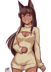 1girl animal_ears black_hair blue_eyes breasts choker cleavage cleavage_cutout clothing_cutout dark-skinned_female dark_skin dress female_focus genderswap genderswap_(mtf) large_breasts league_of_legends long_hair meme_attire nam_(valckiry) nasus open-chest_sweater ribbed_sweater solo sweater sweater_dress turtleneck