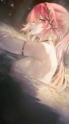 1girl absurdres armlet breasts changli_(laurel_nymph)_(wuthering_waves) changli_(wuthering_waves) closed_mouth commentary dutch_angle english_commentary from_side head_wreath highres jewelry large_breasts looking_at_viewer multicolored_hair orange_eyes partially_submerged pink_hair renoahh sideways_glance solo two-tone_hair wet white_hair wuthering_waves
