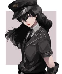 1boy amamiya_ren black_gloves black_hair black_hat black_jacket black_necktie collared_shirt crossdressing elbow_gloves eyelashes gloves hair_between_eyes hat jacket long_hair looking_at_viewer male_focus necktie parted_lips persona persona_5:_dancing_star_night persona_dancing police police_uniform purple_eyes red_lips saichuu_(more1208) shirt short_sleeves simple_background solo upper_body