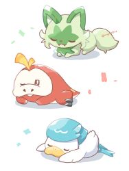 Rule 34 | closed eyes, closed mouth, commentary request, fangs, fuecoco, full body, gen 9 pokemon, kana (maple926), lying, nintendo, no humans, one eye closed, pokemon, pokemon (creature), pokemon sleep, quaxly, shadow, sleeping, sprigatito, starter pokemon trio, white background