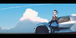 1girl bare_shoulders black_dress black_gloves black_pantyhose blue_sky bronya_zaychik bronya_zaychik_(black_nucleus) bronya_zaychik_(fleurs_du_mal) car closed_mouth cloud cloudy_sky contrail cumulonimbus_cloud dress drill_hair elbow_gloves gloves grey_eyes grey_hair hair_ornament highres hongshi_(13234456009) honkai_(series) honkai_impact_3rd long_hair looking_at_viewer motor_vehicle outdoors pantyhose sky wedding_dress