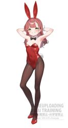 1girl animal_ears armpits arms_up bad_tag blush breasts brown_hair fake_animal_ears fake_tail full_body high_heels highres kanya_pyi leotard loli long_hair looking_at_viewer original pantyhose playboy_bunny bad_tag rabbit_ears rabbit_tail red_leotard small_breasts smile solo tail wrist_cuffs