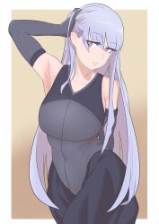 Rule 34 | 1girl, absurdres, armpits, bare shoulders, black dress, border, breasts, brown background, close (digimon), cowboy shot, digimon, digimon card game, digimon liberator, dress, grey hair, highres, large breasts, long hair, purple eyes, simple background, solo, taira (tairamon), white border
