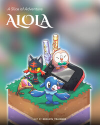 bird closed_eyes closed_mouth commentary creatures_(company) english_text game_freak gen_7_pokemon grass highres kelvin-trainerk litten nintendo nintendo_2ds no_humans pokemon pokemon_(creature) popplio rowlet sitting smile split_mouth starter_pokemon_trio twitter_username watermark