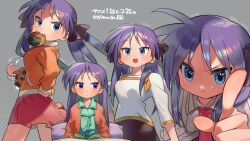 1girl black_ribbon blush breasts closed_mouth collarbone grey_background hair_down hair_ribbon hiiragi_kagami index_finger_raised long_hair long_sleeves looking_at_viewer lucky_star medium_breasts open_mouth pointing pointing_at_viewer purple_eyes purple_hair ribbon simple_background smile sofa_(enogunomu) solo translation_request twintails twitter_username