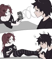1boy 1girl absurdres breasts brown_hair cellphone eternalchan feet highres holding holding_phone hypnosis large_breasts licking licking_foot long_hair meme mind_control original phone smartphone smug thighs