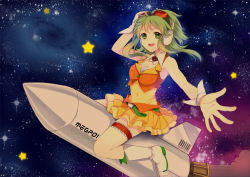 1girl bad_id bad_pixiv_id breasts goggles goggles_on_head green_hair green_theme gumi headphones himaya outstretched_arms riding rocket short_hair_with_long_locks sky smile space star_(sky) starry_sky vocaloid