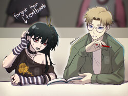 1boy 1girl black_choker black_eyeshadow black_hair black_lips breasts choker cross ear_piercing earrings eyeshadow gabdlc goth_fashion highres jewelry large_breasts long_hair long_sleeves makeup open_mouth piercing red_eyes short_hair spiked_choker spikes spy_x_family twilight_(spy_x_family) yor_briar