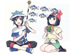 1boy 1girl :o :t atsumi_yoshioka beanie black_hair blue_shoes capri_pants closed_mouth commentary_request elio_(pokemon) gen_7_pokemon green_shorts grey_eyes hat holding looking_up medium_hair nintendo open_mouth pants pokemon pokemon_(creature) pokemon_sm selene_(pokemon) shirt shoes short_sleeves shorts sitting striped_clothes striped_shirt t-shirt teeth tied_shirt upper_teeth_only wishiwashi wishiwashi_(solo) yellow_shirt