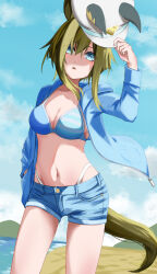 1girl animal_ears beach bikini bikini_under_clothes blue_eyes blue_jacket blue_shorts blue_sky brown_hair cheval_grand_(umamusume) cloud day denim denim_shorts ear_covers hair_between_eyes hat hat_belt highleg highleg_bikini highres hood hooded_jacket horse_ears horse_girl horse_tail jacket looking_at_viewer moriaka multicolored_hair ocean outdoors peaked_cap shorts sky solo streaked_hair swimsuit tail umamusume white_hat
