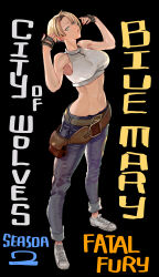 Rule 34 | 1girl, absurdres, armpits, baggy pants, bare shoulders, belt, belt skirt, blonde hair, blue eyes, blue mary, bob cut, breasts, crop top, denim, fatal fury, fatal fury: city of the wolves, fingerless gloves, gloves, halterneck, highres, laio, large breasts, looking at viewer, loose belt, midriff, multiple belts, navel, pants, parted hair, shirt, short hair, simple background, sleeveless, sleeveless turtleneck, snk, solo, tight top, turtleneck
