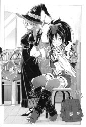 bag hat highres light_novel marie_azami metal_arm monochrome official_art riho_flavin school_bag tatoeba_last_dungeon_mae_no_mura_no_shounen_ga_joban_no_machi_de_kurasu_youna_monogatari wand watanuki_nao witch_hat