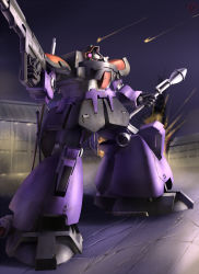 1990s_(style) dom_tropen dual_wielding gun gundam gundam_0083 high-explosive_anti-tank_(warhead) holding machine_gun man-portable_anti-tank_systems mecha mecha_focus night no_humans panzerfaust raybar recoilless_gun retro_artstyle robot rust solo weapon
